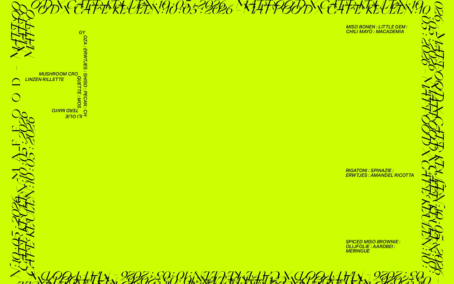 Graphic menu created for the MAFFOOD kitchen takeover at Café Keulen.
