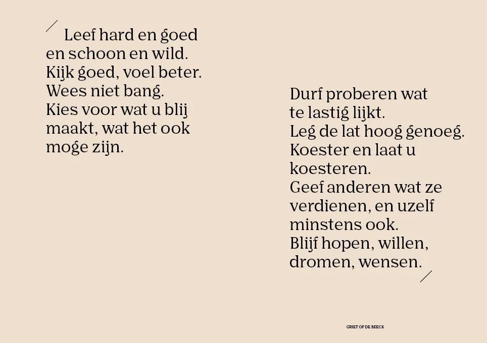 final page of the book schoonheid in verlies with a quote of Griet Opdebeek